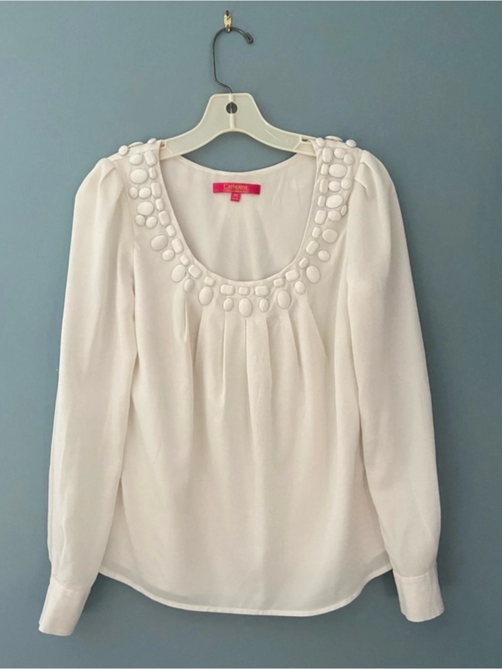 Catherines White Long-Sleeve Scoop Neck Blouse with Covered Button Trim